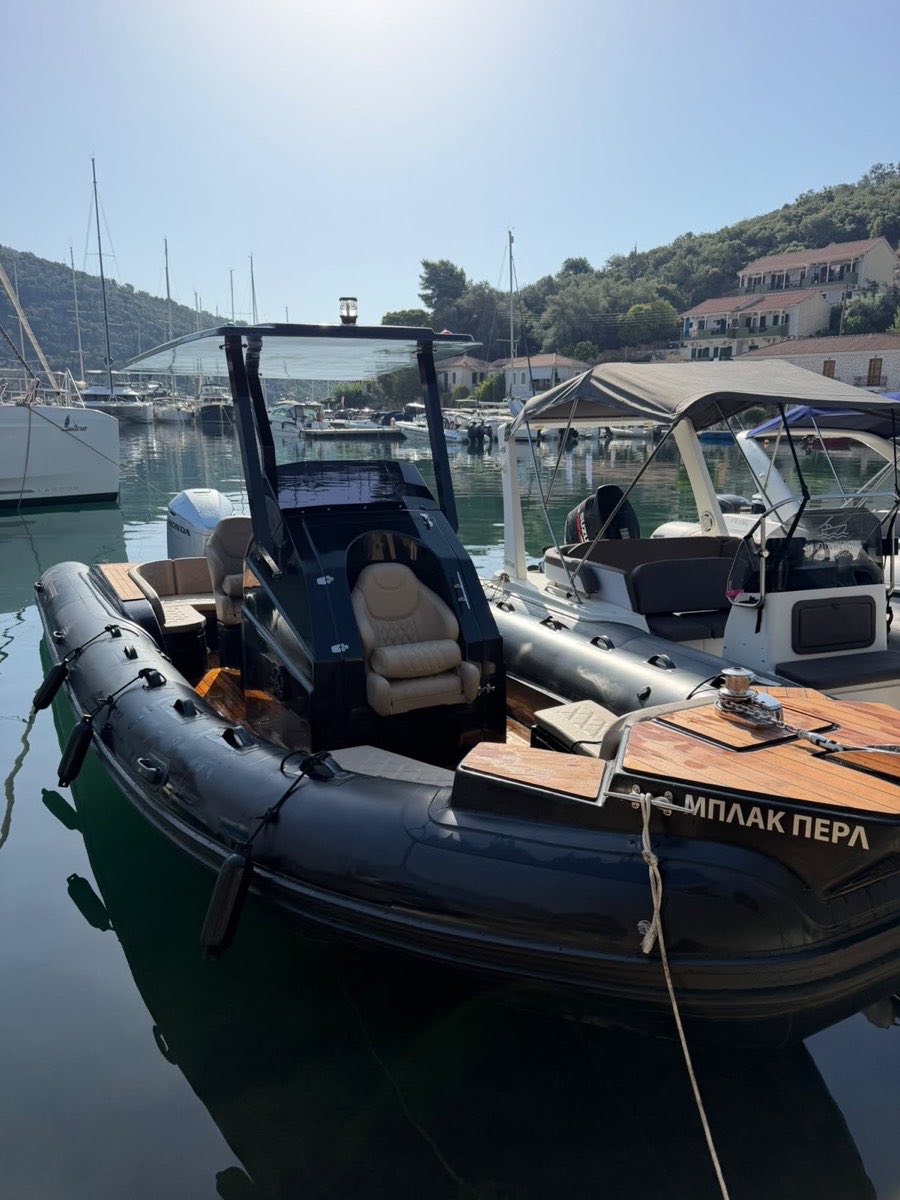 Black Pearl, an 8m RIB with a 250hp Honda V6, moored in Sivota harbour