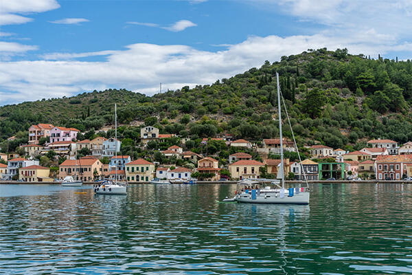 The iconic, picturesque port of Vathy on Ithaca island.