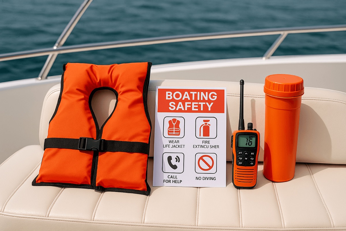 A life jacket, a boating safety card, a VHF radio and a waterproof canister laid out on a boat seat.